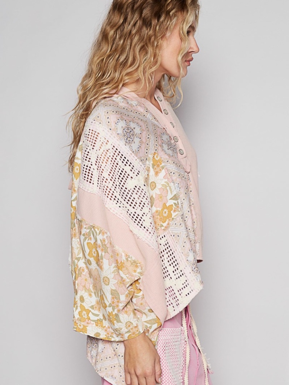 New POL Top Floral Panel Lace Half Placket Button Hoodie Oversized Top Shirt - Picture 3 of 5